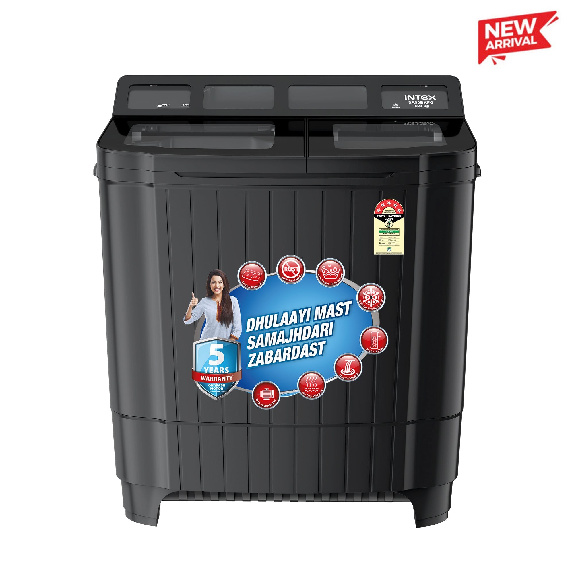 Intex 9 Kg Semi-Automatic Washing Machine SA90BKFG (Ebony) — Intex
